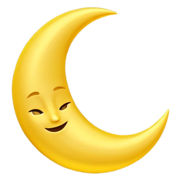 A 3D Apple-style emoji of a crescent moon (hilal), smooth golden-yellow surface, shiny and glowing, minimal and clean design, cute and soft cartoon style. sticker