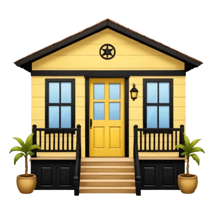 Puerto Rican wooden house facade, central door, two windows, front balcony with rocking chair, scenic frame, humble but well-maintained, warm and authentic, yellow color sticker