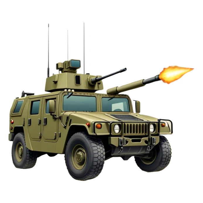 Humvee (2005) – Cinematic-realistic Humvee, its rugged olive-green frame bouncing over rough desert terrain. Soldiers grip their weapons tightly as the turret gunner scans the horizon, dust kicking up behind the armored vehicle under the blazing midday sun, with distant radio chatter crackling through the air. sticker