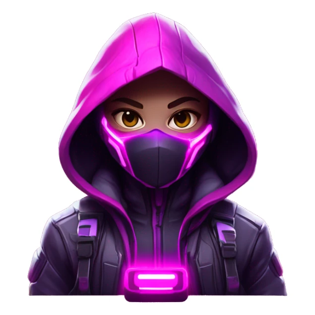 developer behind his laptop with  this style : crysis Cyberpunk Valorant neon glowing bright pink girl character dark pink purple white hooded assassin themed character sticker