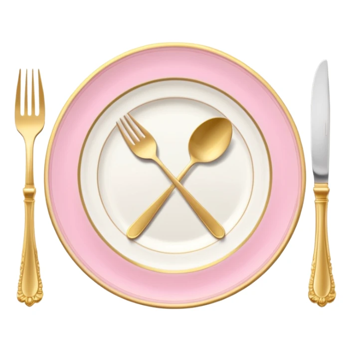 A luxurious plate with pink accents and elegant details, fork and knife on side sticker