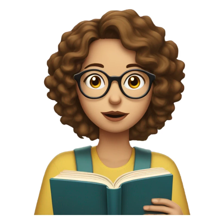 Girl with brown wavy hair, wears glasses and reads a book with question mark bubble on her head sticker