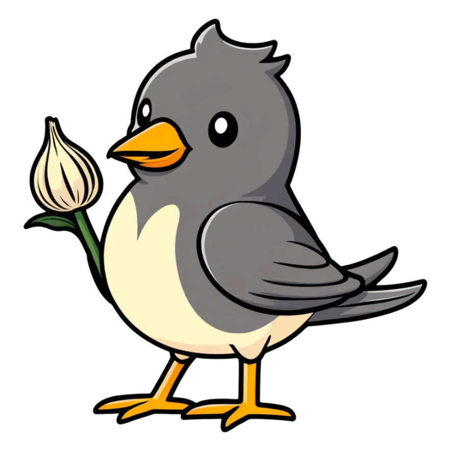 bird with a garlic-shaped body, cartoonish sticker style sticker