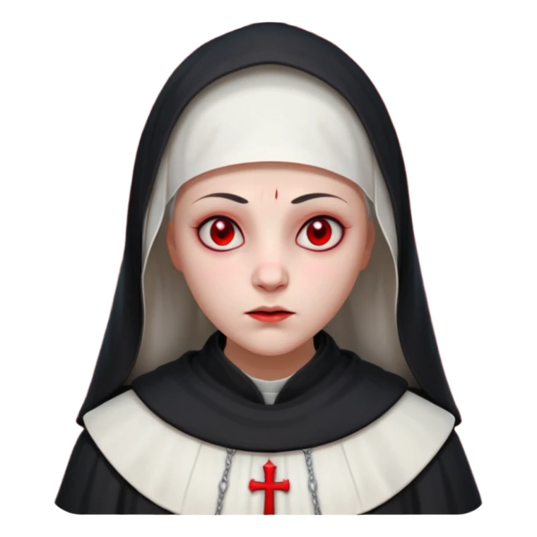 cursed village nun portrait, head and shoulders only, dark hood, mysterious expression, red accents, eerie glow, 3D cartoon, mobile game icon style, clean background, no text, no watermark

 sticker