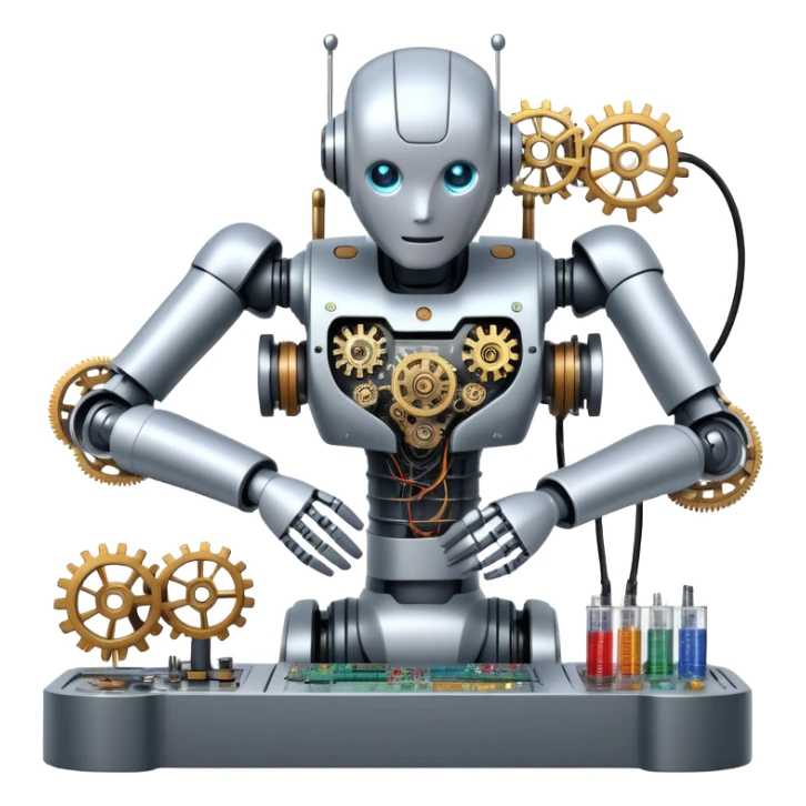 An icon featuring a humanoid robot assembling parts with robotic arms, surrounded by gears, circuit boards, and sensors, symbolizing robotics. The design includes a control panel and AI interface, representing automation, engineering, and innovation. Transparent background. sticker