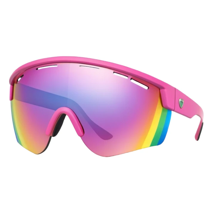 sporty pink shield visor sunglasses with extra thick frame with metallic accents, robust construction, substantial build, one-piece rainbow reflective lens sticker