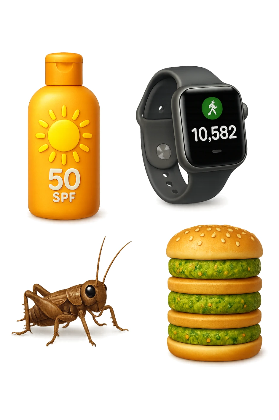 emoji stile iphone di una boccetta di CREMA SOLARE, UNO SMARTWATCH CONTAPASSI, UN GRILLO, UNA TORRETTA DI HAMBURGER FATTI CON I PISELLI, IPERREALISTICO 4K sticker