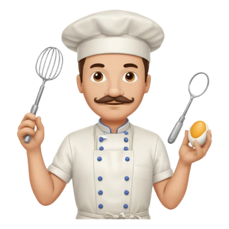 Middle aged male pastry chef - with a mustache, apron, white hat, and holding an egg beater in one hand sticker