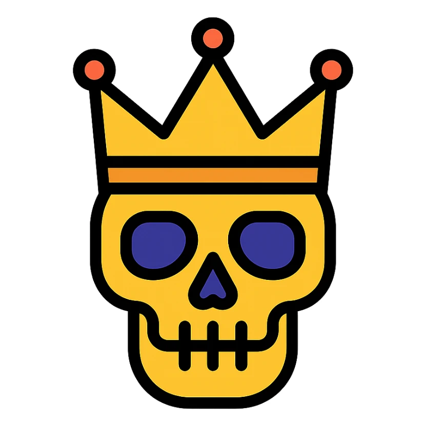 Totenkopf skull with a royal crown, stylized, modern style, lineal color icon with black outlines, transparent background sticker