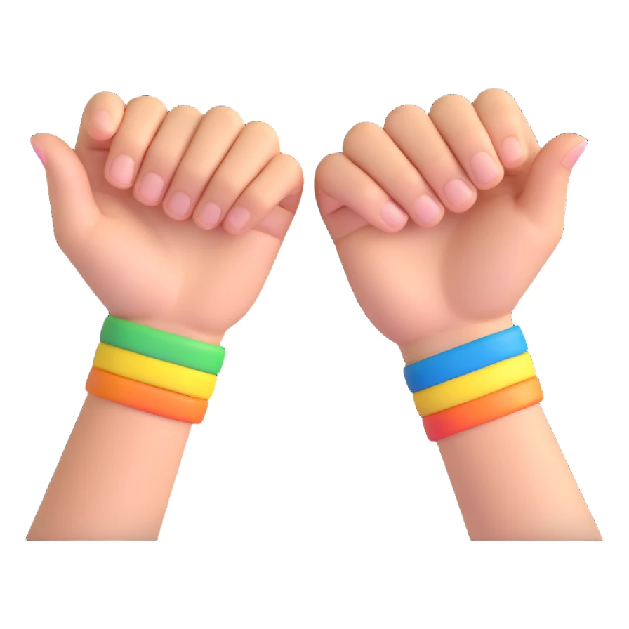 a pair of clasped hands with rainbow wristbands, 3D emoji style, showing support for Pride sticker