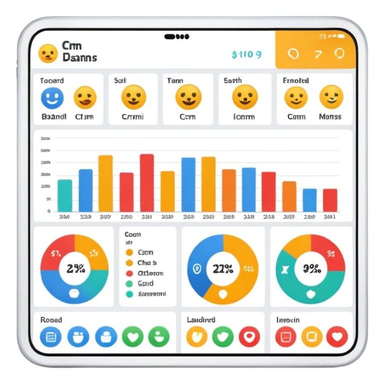 simple CRM dashboard with user icons and charts, emoji style sticker