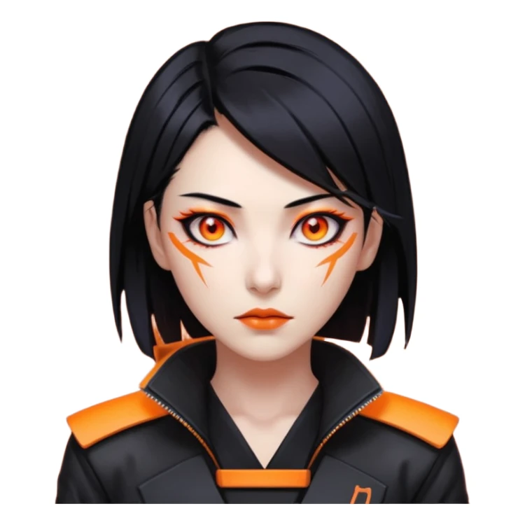 Cyberpunk Japanese woman, mid-50s looking young, sharp features, sleek black hair, glowing orange eyes, vengeful expression, neon highlights. sticker