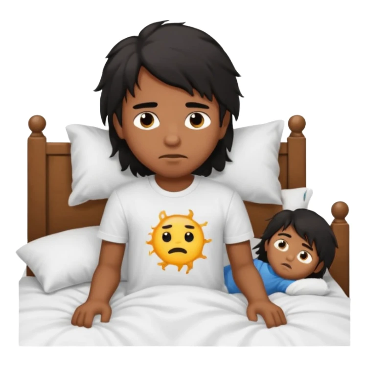 generate a pretty bratz brown skinned boy with black messy long hair wearing a white tshirt sitting in his in bed. Looking sleepy sticker