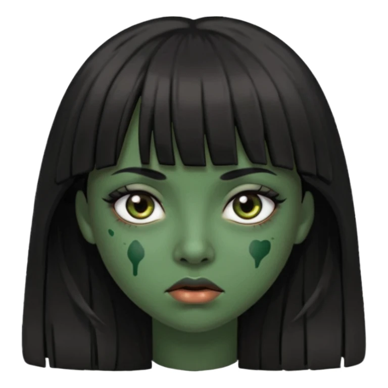 Mulher de franja cabelo preto pele verde bem escuro com a cara machucada com os olhos regalado fundo escuro cabelo longoo sticker