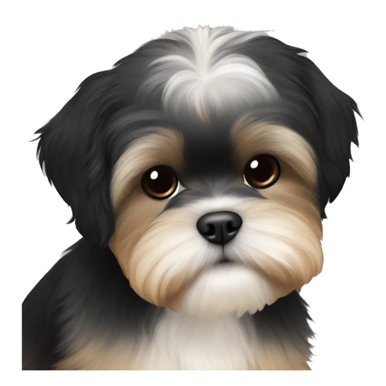Shih tzu black puppy, yorkie coloring with light colored eyebrows. Round face, short ears. Looks like teddy bear  sticker