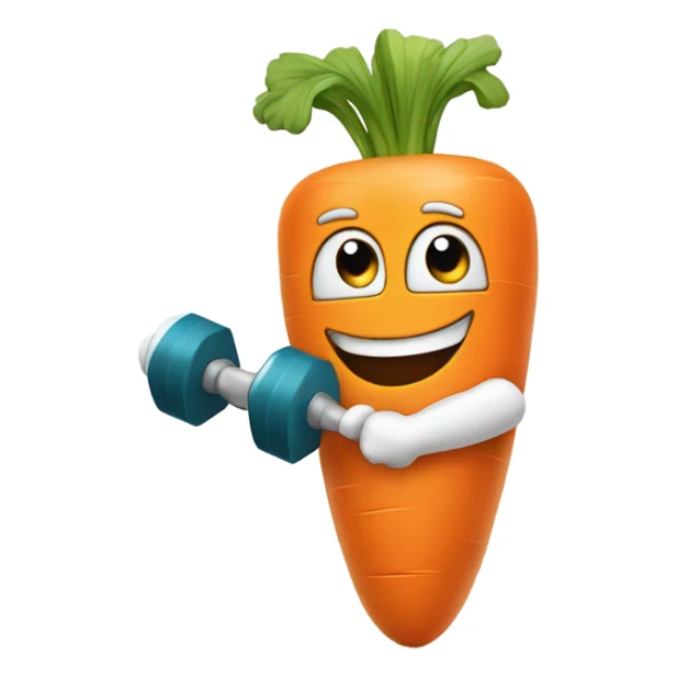 Generate an energetic carrot emoji wearing a sweatband, lifting tiny dumbbells, and looking motivated. sticker