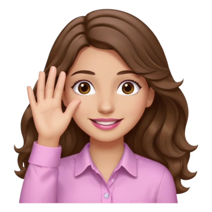 girl with wavy long brown hair, brown eyes, light to medium complexion, long lashes, light pink lipstick, wearing light pink shirt, smiling, hands over the eyes sticker