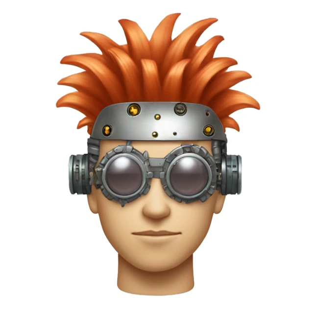 Light red Mohawk hair male cyborg head with white steampunk goggles and circuits sticker