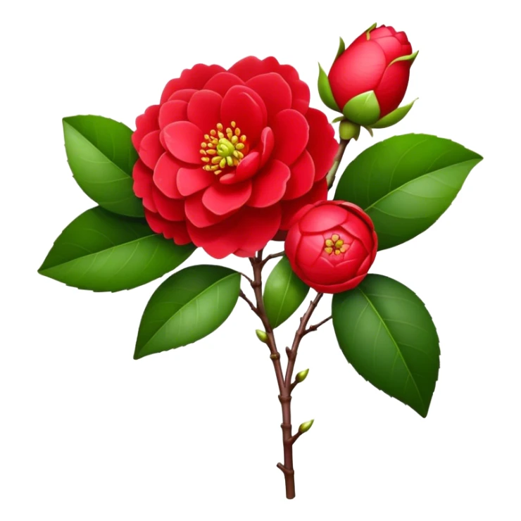 bouquet Red Camellia, luxuriant, stem, leaf, bud sticker