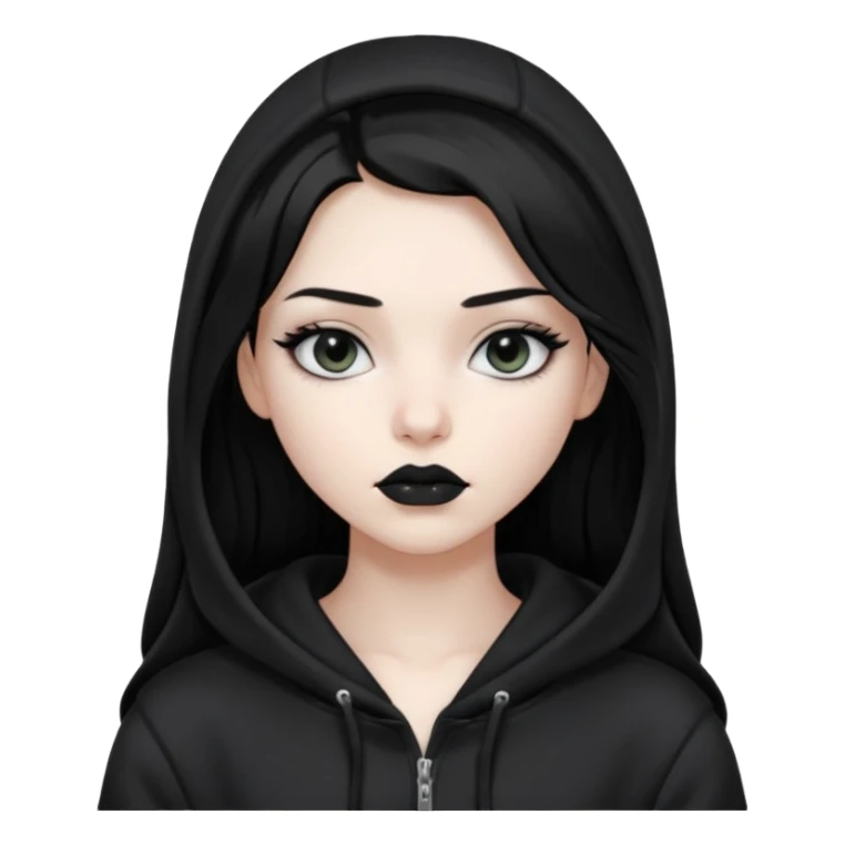 Black haired girl, silver eyes, black lipstick, white skin, black hoodie, sharp face, long hair, hoodie off sticker