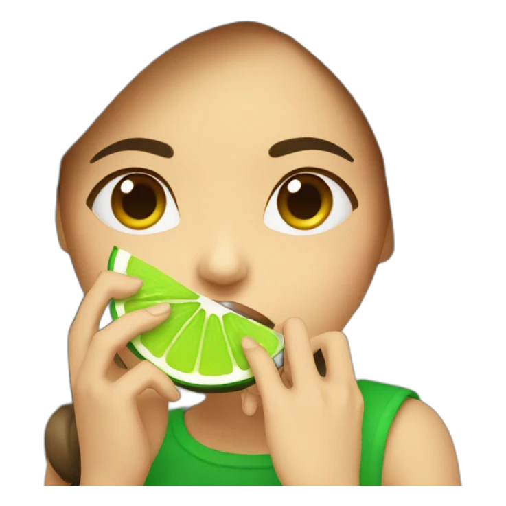 girl with brown hair and green lips eating a lime sticker