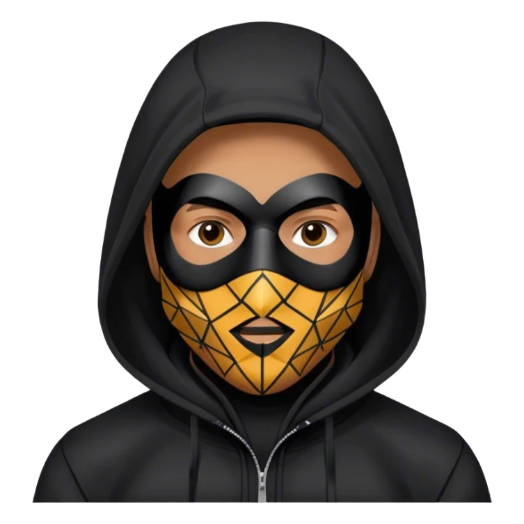 man with black hooded jacket and a only-black full-face geometric mask sticker