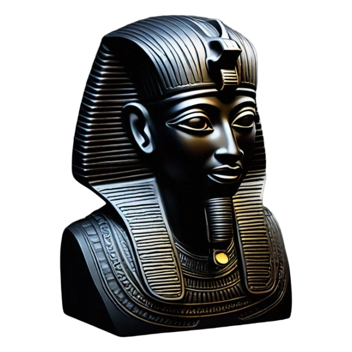 Osiris obsidian statue on granite 30 ton , massive size, sunlight behind, sunset colors, reflections on black stone polished clean perfect, photography angles sticker