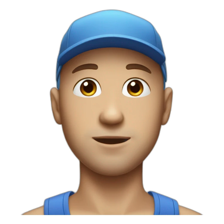 a bald man with blue eyes and a cap, kisses sticker