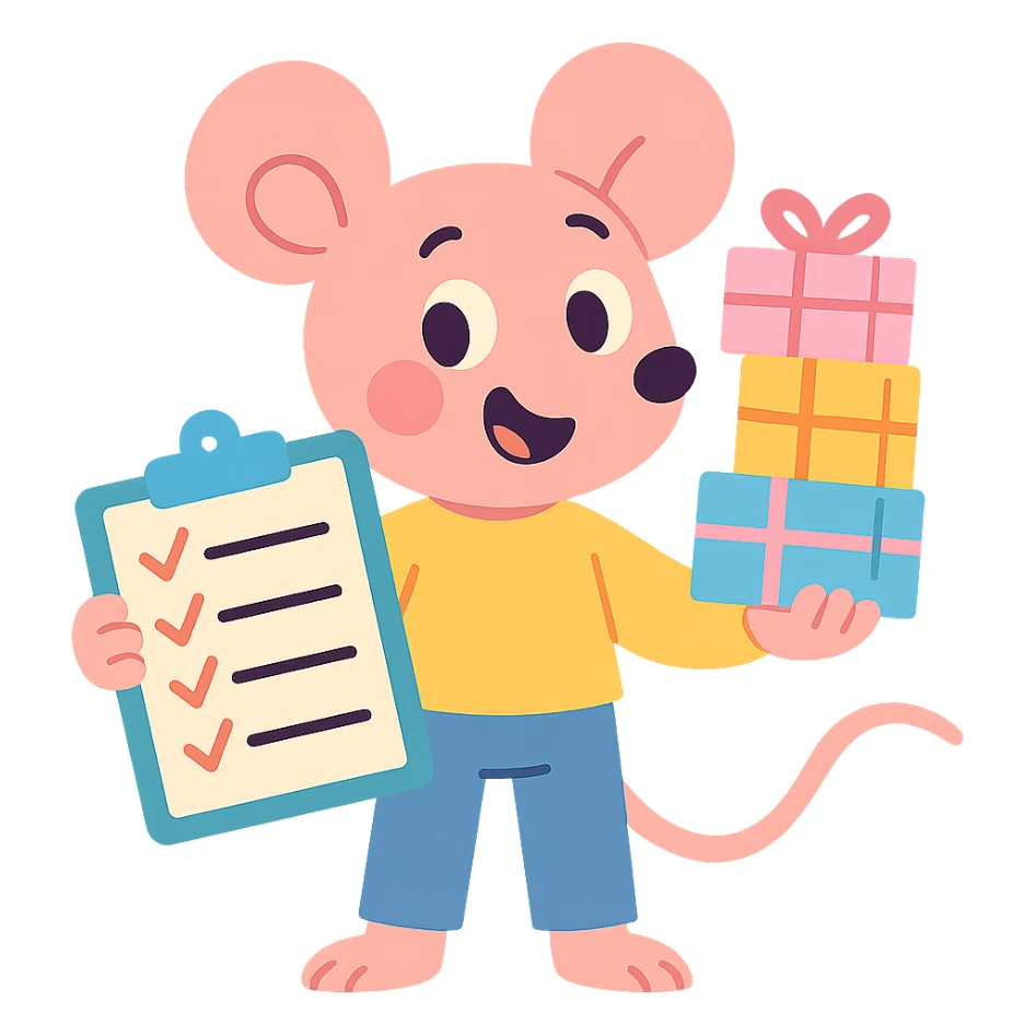 mouse with checklist and mini presents in pastel-toon style sticker