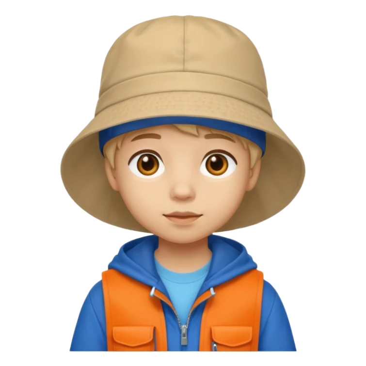 A little student with beige bucket hat, orange jacket, blue backpack sticker