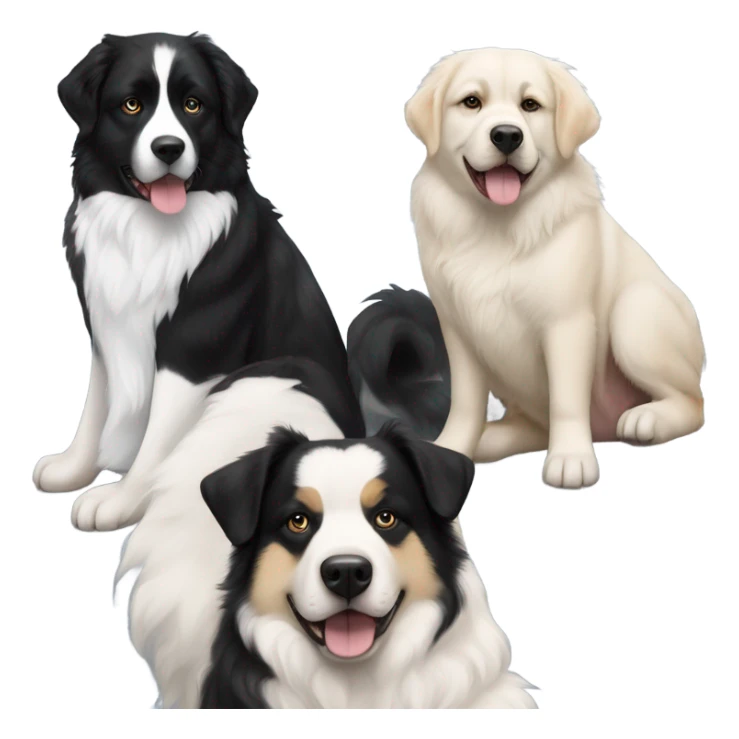 Landseer Great Pyrenees, black and white Husky, Black tri Australian Shepherd and tan and black French Bulldog sitting next to each other sticker
