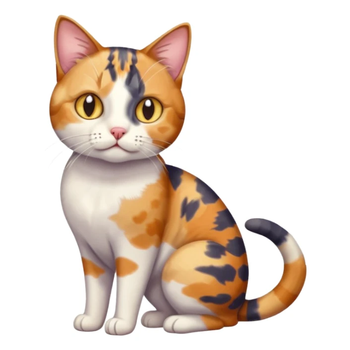full body anxious looking colourful patchy calico tabby cat with tiny head to large body with fully white front legs sticker