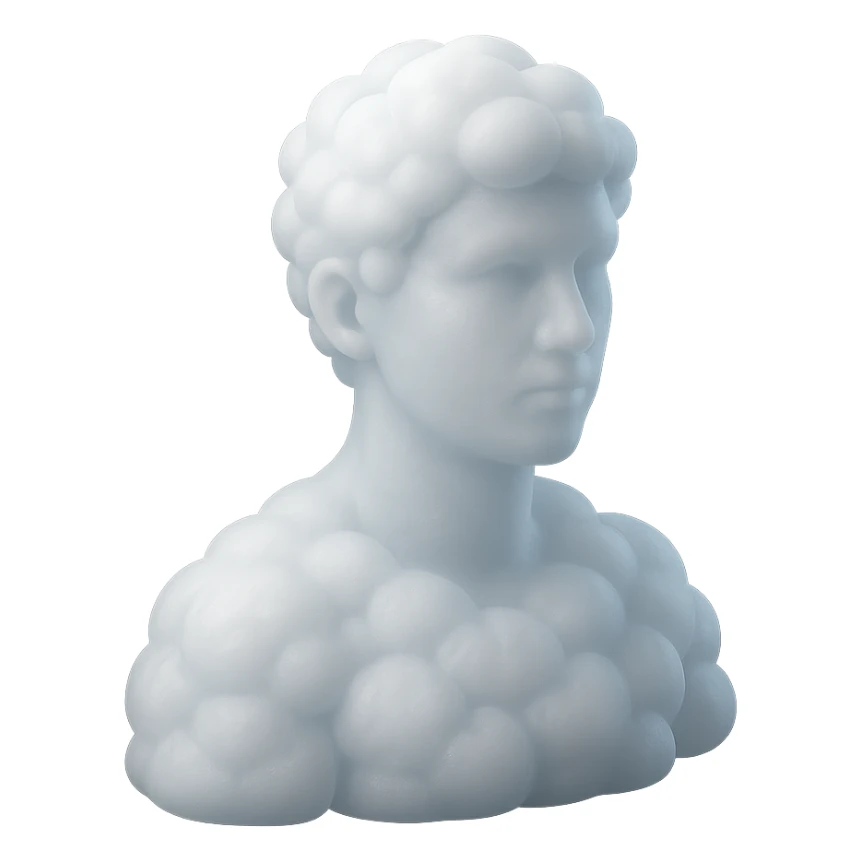 person looking straight, composed entirely of white fluffy convex clouds, shoulder up, matte glass style sticker