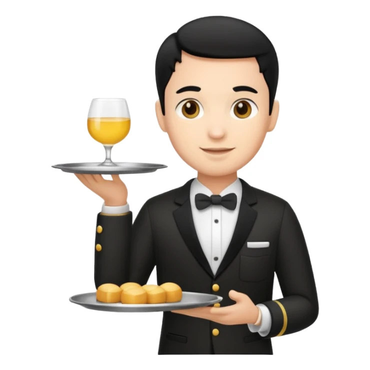 emoji man light skin and black hair, con uniforme de camarero de pie sticker