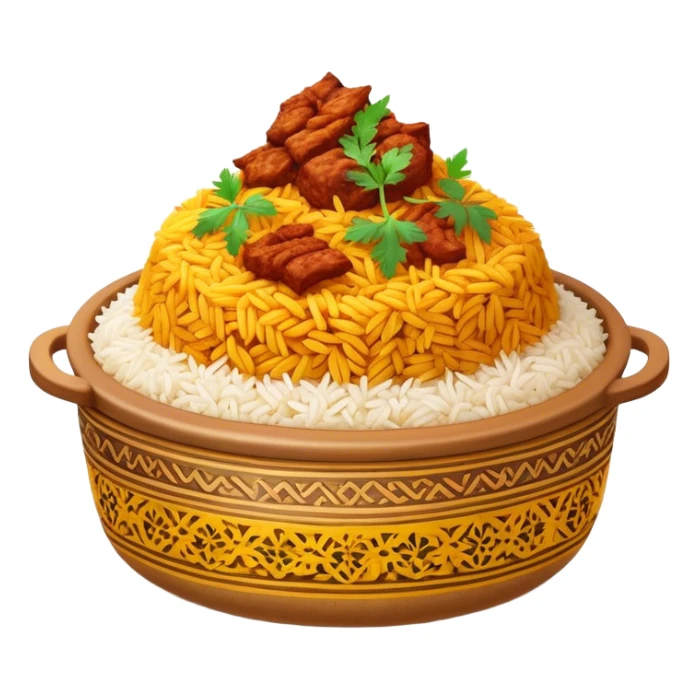 Cinematic Realistic Biryani Dish Emoji, depicted as aromatic basmati rice layered with spiced meat and herbs rendered with vibrant textures and warm, inviting lighting. sticker