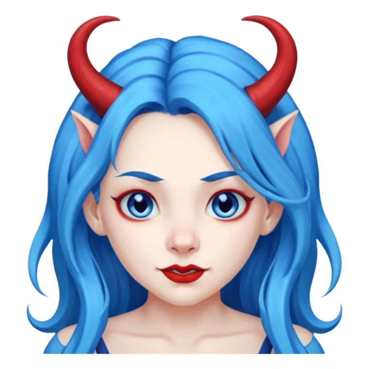 Female devil with long blue hair and horns,  cute face, half body sticker
