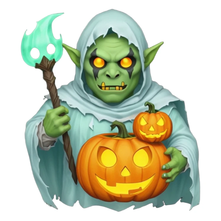 male orc warrior ghost emoji, green skin, tusks, wearing torn white ghost sheet costume, holding glowing jack-o'-lantern, faint blue aura, friendly but spooky expression, Halloween fantasy theme, Apple emoji style, clean white background, square sticker