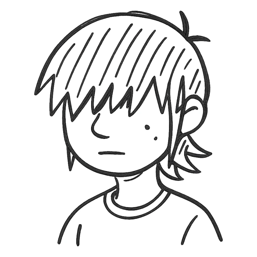 A boy with bangs covering his eyes, long hair sticking out at the back, and long sideburns. He has brown eyes and dark brown hair. He is wearing a maroon t-shirt and has an elongated jaw. He has two moles on the right side of his face, one below the eye and one on the cheek. sticker