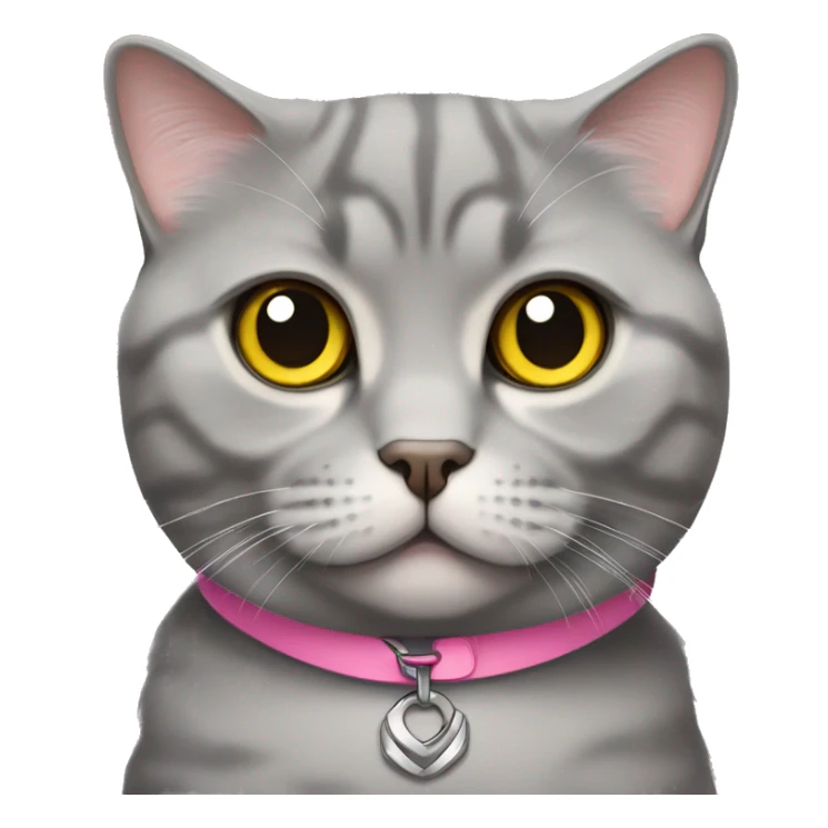 gray scottish fold cat with yellow eyes wearing a pink collar sticker