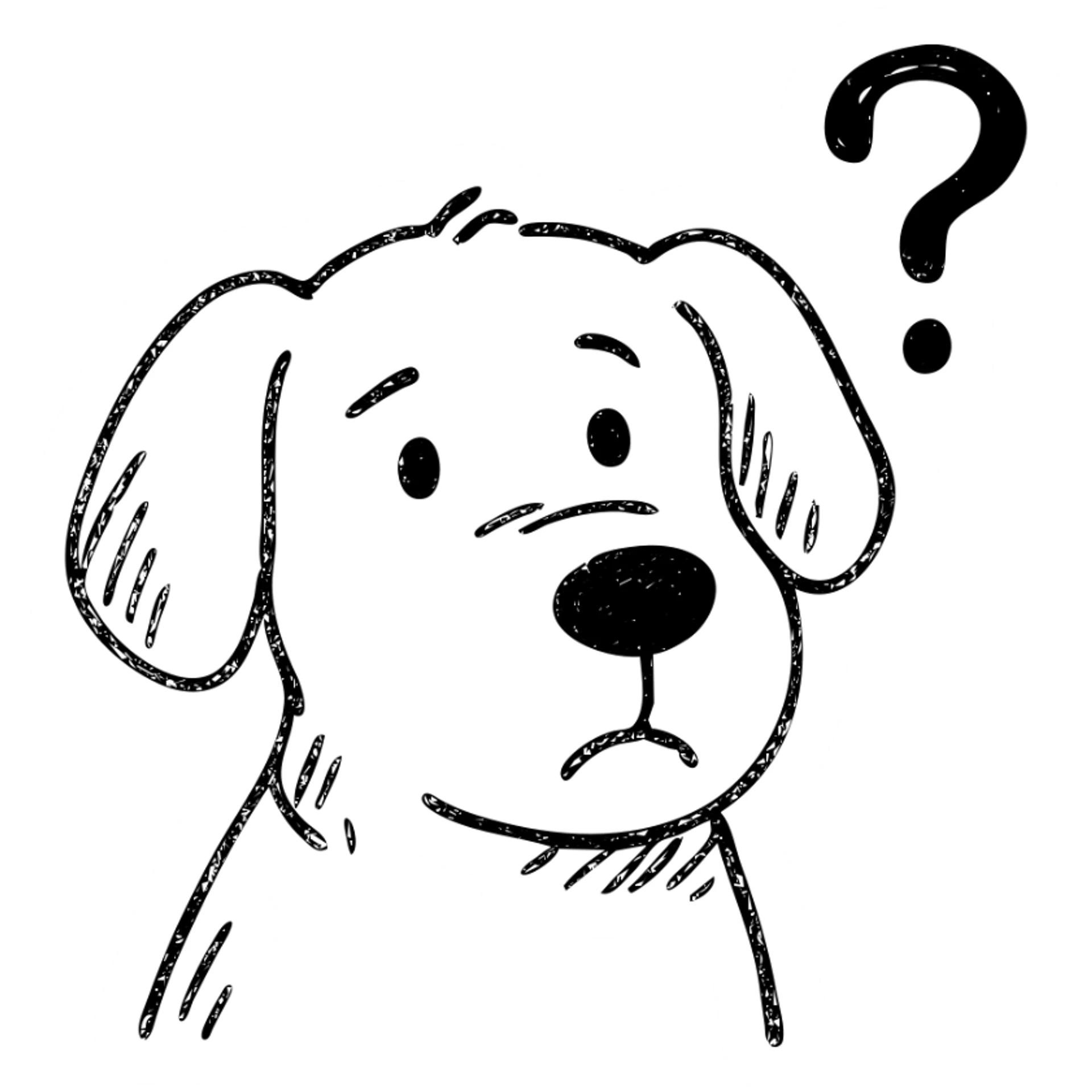 hand-drawn outline of a dog looking puzzled, question mark near face sticker