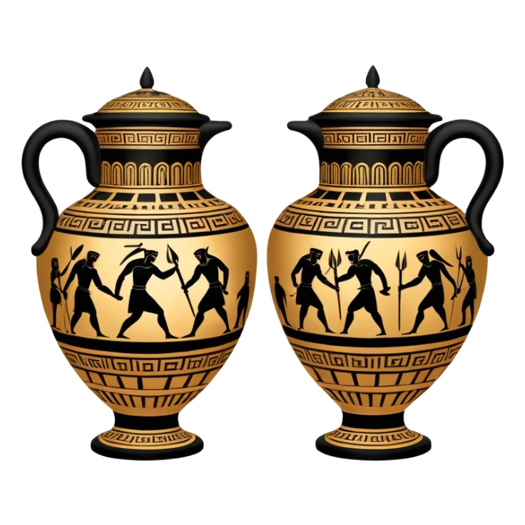 Cinematic-realistic Grecian urn, an exquisite black-figure pottery masterpiece resting in the dim glow of an ancient temple. Intricate golden depictions of two warrior fighting with spears and warriors encircle its curved form, telling timeless myths of heroism and tragedy.  sticker