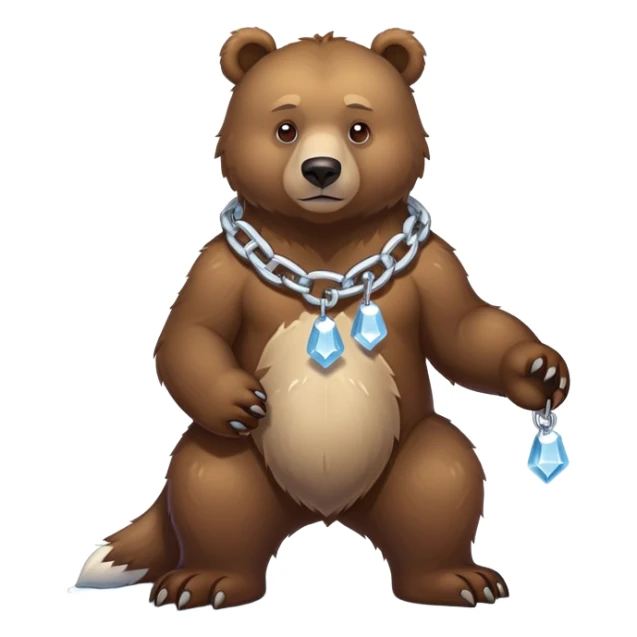 Complete full-length view of serious brown bear standing on four paws, showing entire body from nose to tail, with ice chain around neck sticker