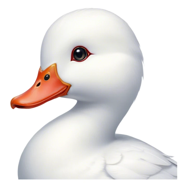 Cinematic Cute White Duck Portrait Emoji, Head tilted playfully and inquisitively, featuring a glossy, immaculate white plumage with a charming red bill, round, sparkling eyes filled with curiosity, Simplified yet irresistibly adorable features, highly detailed, glowing with a warm, friendly glow, high shine, affectionate and lively, stylized with a touch of whimsical charm, bright and endearing, soft glowing outline, capturing the essence of a mischievous yet loving duck, so playful it feels like it could waddle out of the screen and into your arms! sticker
