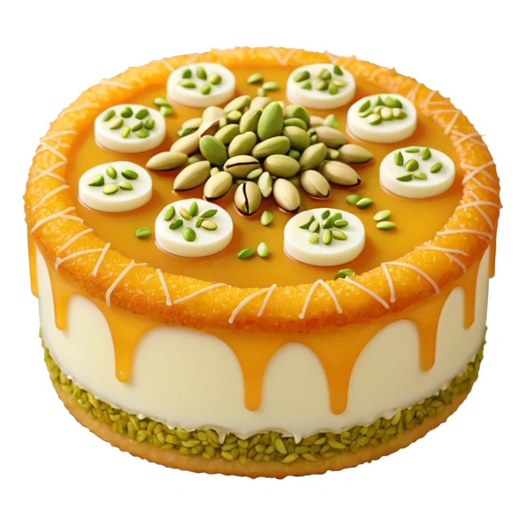 A small round emoji of traditional kanafeh with golden-orange crispy threads, a gooey white cheese center, and a light sprinkle of green pistachios. Warm and delicious-looking. sticker