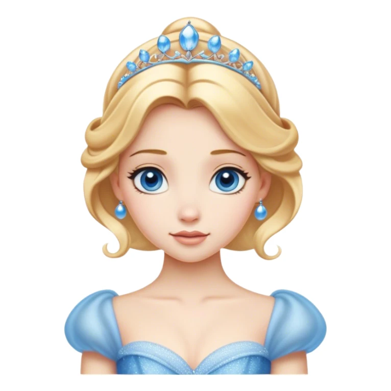 Cinematic Realistic Cute Cinderella Portrait, featuring fair, luminous skin with finely detailed texture and softly lit golden-blonde hair cascading in gentle waves. Her warm, inviting blue eyes sparkle with youthful charm and curiosity, while her classic, elegantly draped ball gown reveals meticulously rendered fabric details and natural folds. The overall composition is bathed in a gentle, realistic radiance that exudes both playfulness and heartfelt beauty. sticker