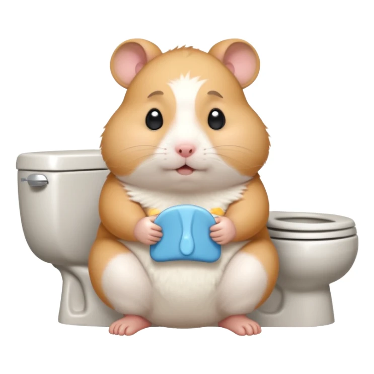 Cute chubby cartoon-style hamster sitting on toilet pooping looking as if he had an accident sticker