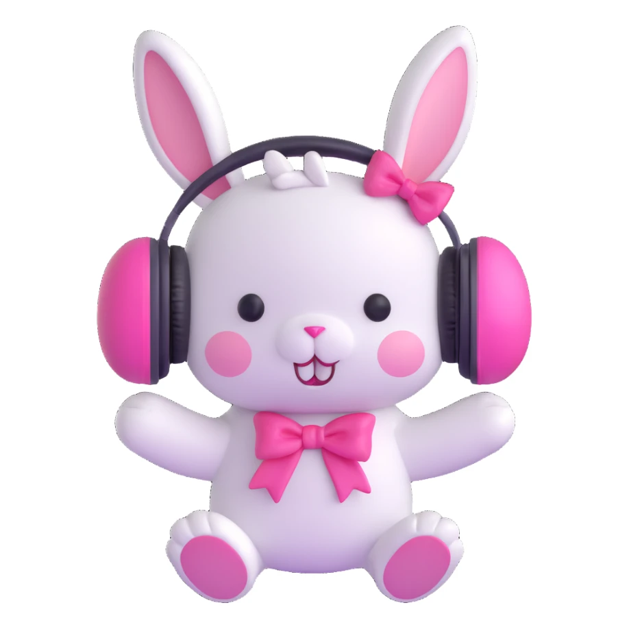 Turn this cute bunny with headphones into an iOS 18 style 3D emoji model. Keep the pastel colors, plush texture, and add a glossy, modern 3D look like Apple's latest emoji style. Preserve the headphones, pink bows, and sticker details. sticker