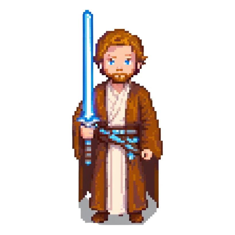 Obi-Wan Kenobi from Star Wars, pixel art style, holding a blue lightsaber, classic Jedi look sticker