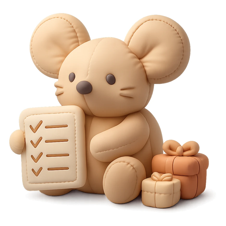 mouse with checklist and mini presents in cushion style sticker