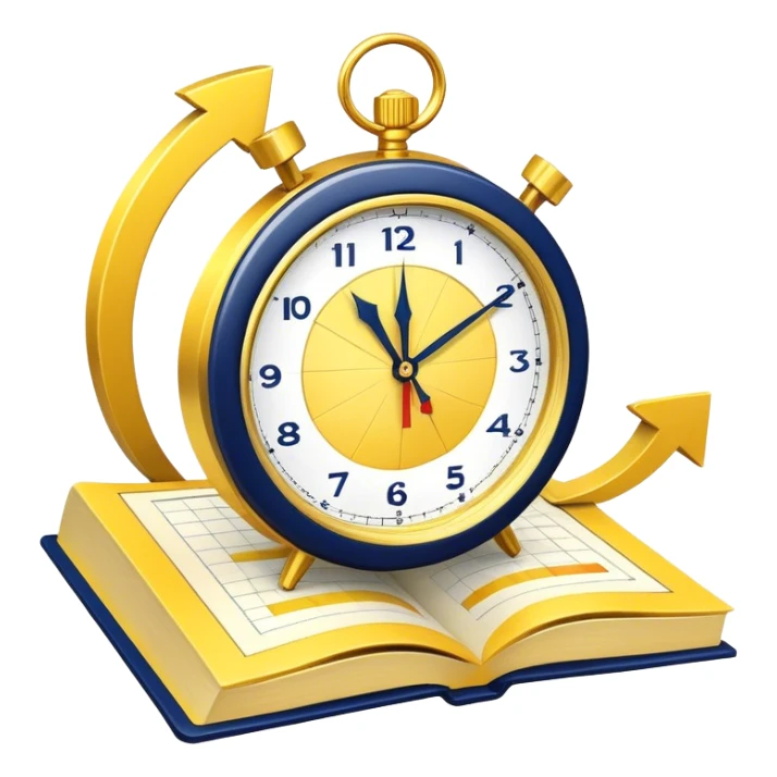 A yellow productivity book with navy blue and gold details, running clock and chart with upward trend aura, radiating productivity, strategy, and success in motion with time and happiness yellow... power in time aura of happiness sticker